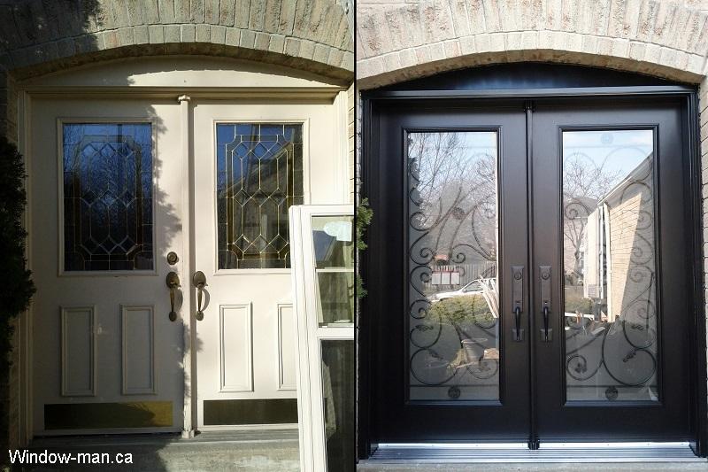 Before and After. Double front doors. Steel insulated. Black. Full wrought iron glass inserts